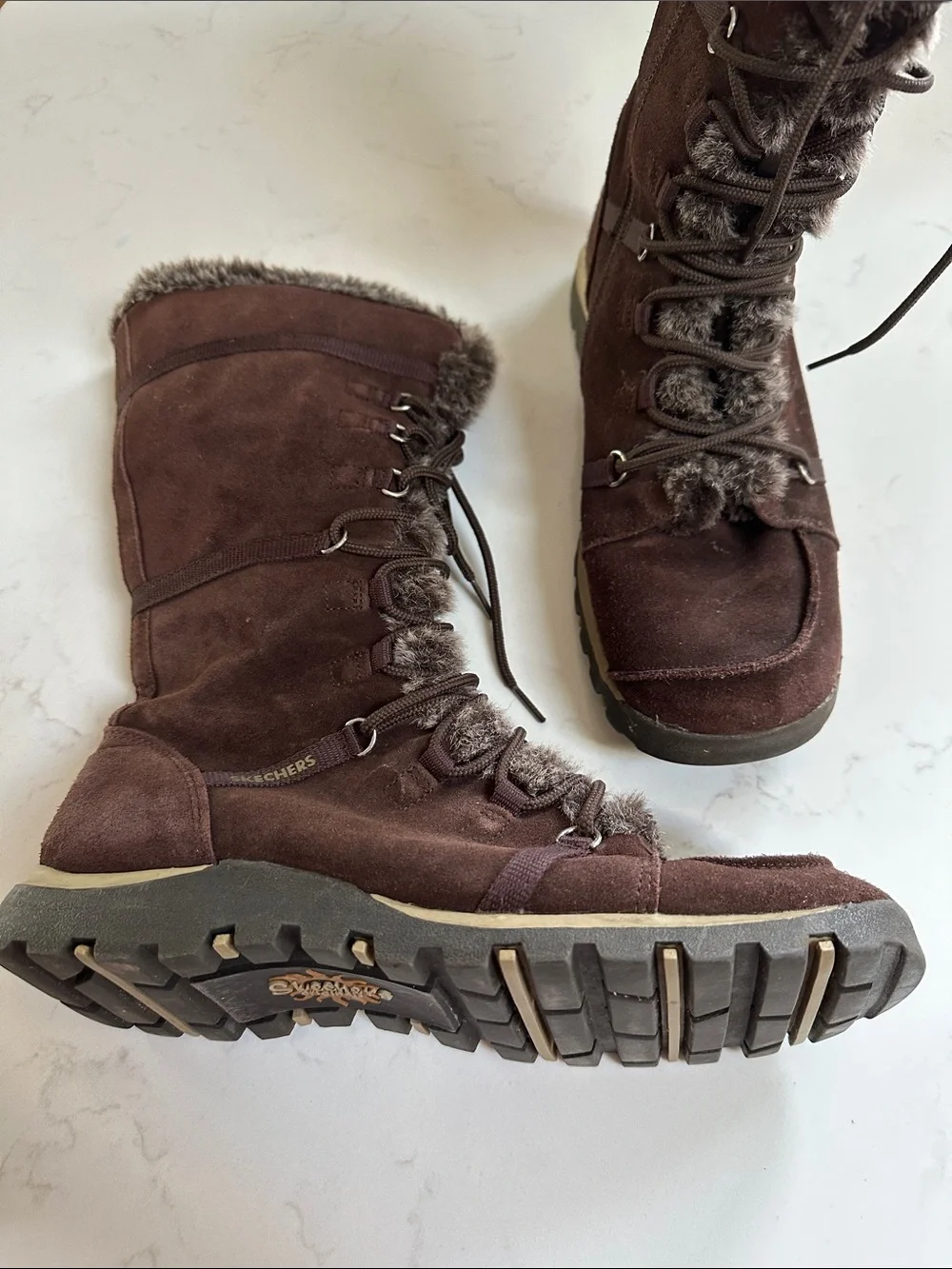 Skechers Women's Dark Brown Suede Faux-Fur Lace-Up Winter Boots